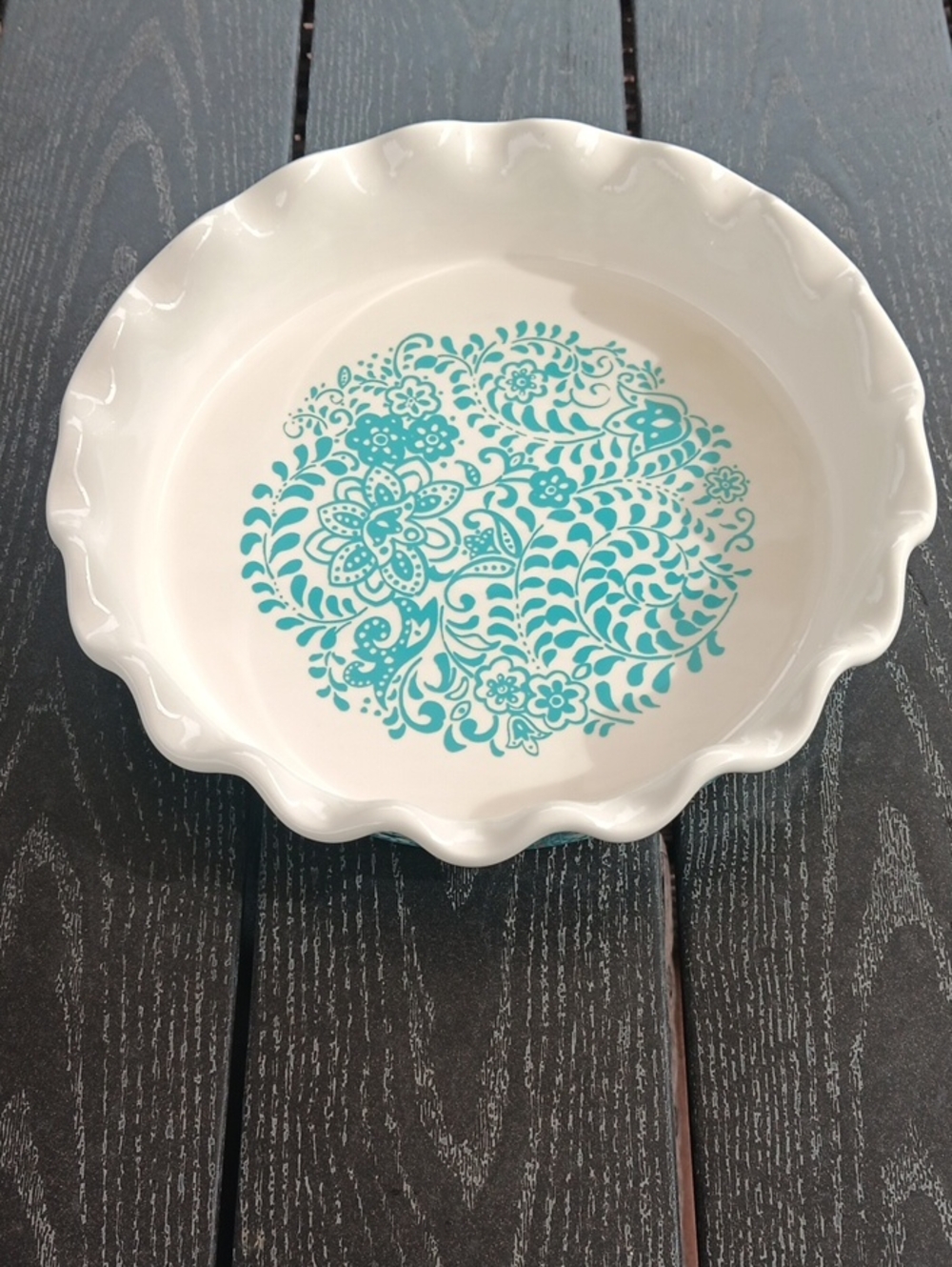 Pioneer Womens White Ceramic Pie Dish with Teal Floral Pattern